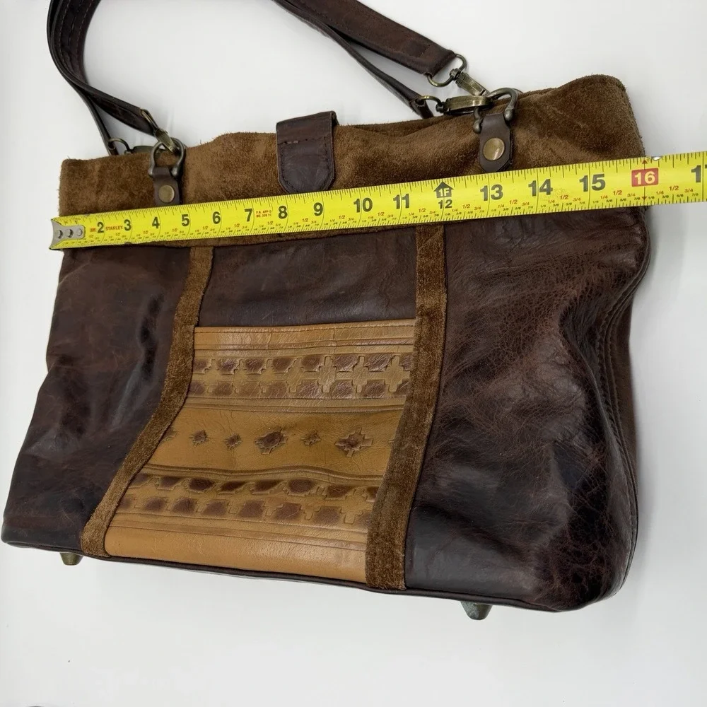 Vtg Tooled Leather Handbag Purse Brown Southwestern Boho Geometric Shoulder Bag